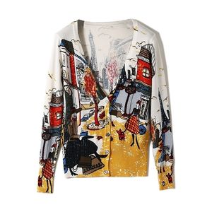 Womens Cartoon Graffiti Cardigan Höst Vår Sticka Knapp V-Neck Långärmad Japan Harajuku Kvinna Tröjor Kvinna Toppar LS035 201017