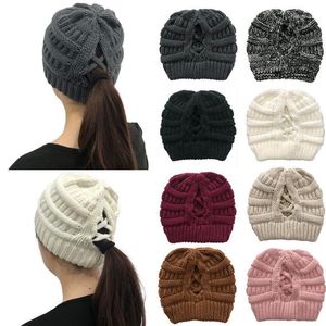 Beanie/Skull Caps Sticked Hat For Women Casual Justerbar Back Opening Cross Cap Polyester Hats Autumn Winter Warm Fashion Female 20211