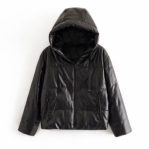 Women Thick Warm PU Faux Leather Padded Coat 2020 Winter Zipper Hooded Jacket Parka Long Sleeve Pockets Outerwear Tops