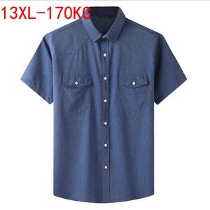 Plus Stor storlek 13XL 7XL 6XL 4XL Mens Business Casual Short Sleeved Shirt Classic Imitation Denim Male Social Dress Shirts Blue G0105