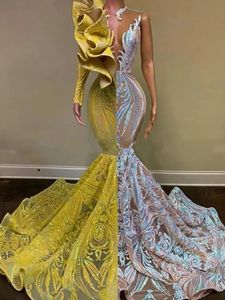 Color Contrast Yellow Mermaid Prom Dresses For Black Girls Long Sleeve Ruffles Sequin African Evening Dress Graduation Gala Gown