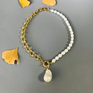 Kobiety Naturalne Barokowe Pearl Naszyjnik Słodkowodne Pearl Punk Gold Color Łańcuch Asymetryczny Design Moda Długa Biżuteria 0927