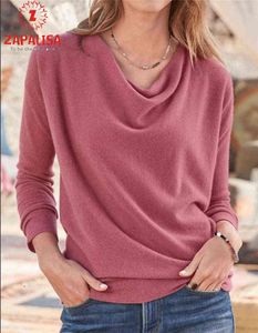 Elegant draped dekor söt höst pullovers casual o krage långärmad fast färg patchwork streetwear mode kvinnor t-shirt g220228