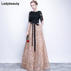 Ladybeauty vintage preto a linha laço longo vestidos de noite meia mangas frisadas colher pescoço longos apliques vestido de noite vestido 201113