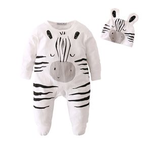 Baby Boys Girls Rompers Ropa Bebe Cotton Newborn Infant Cartoon zebra Jumpsuit With Cap Toddler Baby Clothes 201027