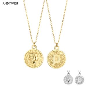 Andywen 925 Ayar Gümüş Altın Paraları Kolye Kraliçe Uzun Zincir Kolye 2021 Moda Güzel Takı Hediye Kadın Styels Bahar Q0531