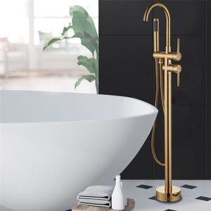 Gebürstete Gold Badewanne Wasserhahn Bodenständer Schwarz Badewanne Mischer 360 Rotation Sput mit Handsägenkopf Bad Mischbacken Dusche