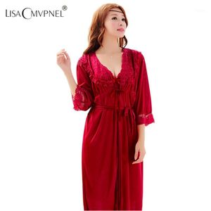 Women's Sleepwear Wholesale- Lisacmvpnel Ice Silk Sexy 2 Pcs Women Robe Set Women's Twinset Cardigan Long Spaghetti Strap Nightgown Fre