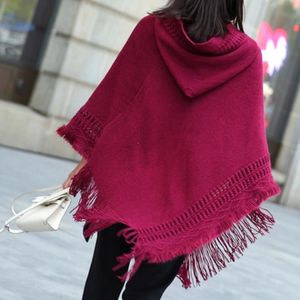 Woman Solid Color Hooded Cape Poncho Autumn Winter Magic Collar Knitted Sweater Outdoor Wear Tassel Cardigan Coat For Female