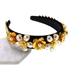 Hot Sale Golden Sunflower Leaf Crown Barock Prom Hårband Pärla Hår Smycken Bröllop Tiara Tillbehör till Kvinnor Huvudbonad