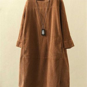 Autumn winter corduroy retro solid dress plus size 5x loose women thick es good quality lady comfortable 220210