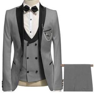 Zarif Gri Erkekler Suit Balo Smokin Slim Fit 3 Parça (Ceket + Yelek + Pantolon) Erkekler Için Damat Düğün Takım Elbise Özel Blazer 201105