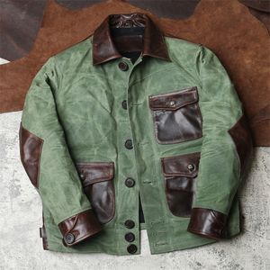 18- Rockcanroll Read Description! Asian Size Army Style Genuine Cow Leather Canvas Coat Cowhide Wax Water Proof Jacket LJ201029