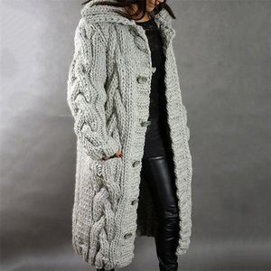 Kvinnors Tröjor Vinter Fashion Lång Casual Loose Sweater Kvinna Höst Cardigans Single Breasted Puff Hooded Coat Plus 201225
