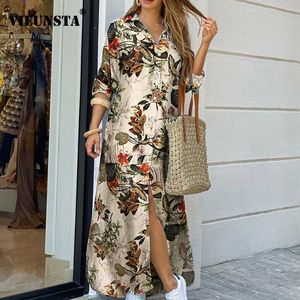 Women Elegant Button Down Long Shirt Dress Summer Chain Print Lapel Neck Party Dress Casual Long Sleeve Maxi Beach Dress Vestido X1224