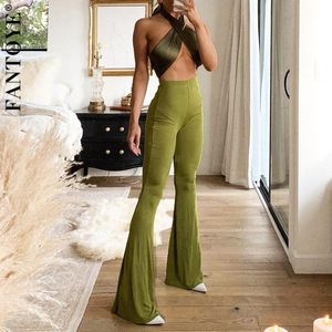 Fantoye 2021 Bahar Yüksek Bel Flare Streç Pantolon Kadınlar Için Moda Yeşil Ince Uzun Pantolon Streetwear Rahat Katı Kadın