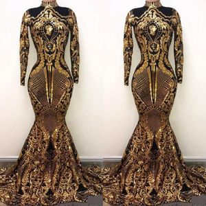 2021 Bling Long Sleeves Abendkleider Meerjungfrau High Neck Holidays Abschluss tragen Schwarz Gold Pailletten Prom Partykleider Custom