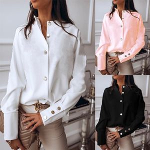 Kvinnor Elegant Vit Blusskjorta Kvinna Långärmad Button Fashion Blouses Toppar Solid Spring