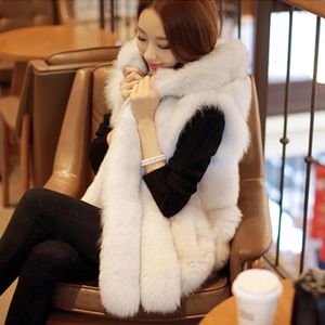 Ny design Varm Faux Fur Vest Coat Kvinnor Väst Vinter Tjock Hooded Rosa Lång Ytterkläder Eleganta Dam Jackor Plus Storlek S-3XL