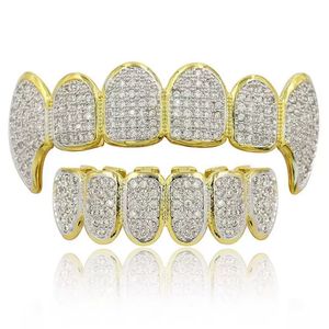 Top Quality Hip Hop Rapper Grillz Glaring Iced Out Diamond Teeth Top and Bottom Grills for Men Women Gold Silver Color Halloween Vampire Grillz