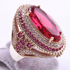 Splendido grande anello ovale in pietra rossa riempito con CZ, anelli nuziali per donne, fidanzamento, gioielli di moda, regali, anelli