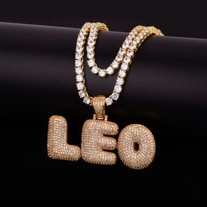 Custom Name Men's Bubble Letters Pendants Necklaces Hip hop Jewelry Ice Out Cubic Zircon With 4MM Tennis Gold Silver Chain