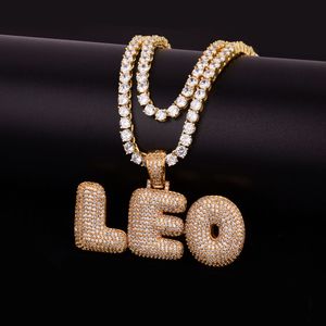 Benutzerdefinierte Namen Herren Blase Buchstaben Anhänger Halsketten Hip Hop Schmuck Ice Out Kubikzircon mit 4 mm Tennis Gold Silber Kette