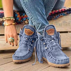 Puimentiua Women Boots Retro Medieval Faux Suede Leather Tassel Short Boot Lace Up Round Toe Western Cowboy Boots Winter Shoes