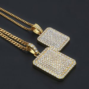 Bling Bling Diamond Dog Tag Iced Out Pendant Necklaces Gold Cuban Link Chain Fashion Hip Hop Jewelry with Full Rhinestone