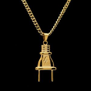 14K Gold Plated Mens Hip Hop Lighting Plug Pendant Necklace with 70cm Long Cuban Link Chain Jewelry