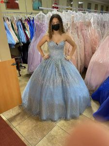 NEU! Elegante babyblaue Pailletten Quinceanera Kleider Ballkleid 2022 Herzausschnitt Silber Spitze Perlen Plus Size Prom Party Kleider für Sweet 15 16 Robe De Marraige