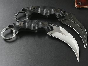 Neues Karambit-Messer D2 Satin / Black Stone Wash-Klinge, voller Zapfen, schwarzer G10-Griff, Klauenmesser mit Lederscheide