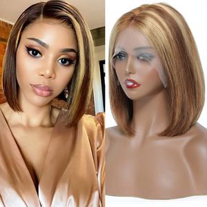 Lace Front Bob Perücken Echthaar Honigblond P4/27 Highlight 13x4x1 T-Teil Perücke für Frauen