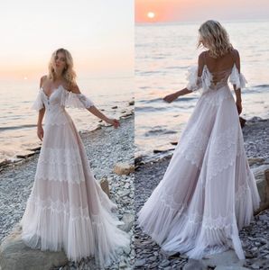 Bohemian Beach Lace A Line Bröllopsklänningar Spaghetti Remmar Tyll Applikation Sweep Train Boho Bröllopsklänning Brudklänningar robe de mari￩e