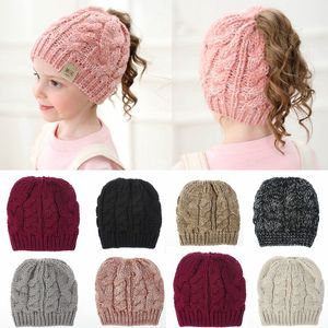 Mädchen Winter Pferdeschwanz Beanie Hut Kinder Stretch Stricken Messy High Bun Hut Winter Weiche Warme Pferdeschwanz Kappe HHA1608