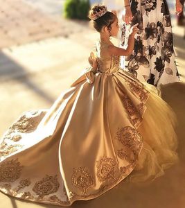 Vintage Altın Tül Çiçek Kız Elbiseler İlk Communion Elbise Çocuk Toddler Akşam Balo Balo Brithday Parti Yay Kız Uzun Pageant Elbise