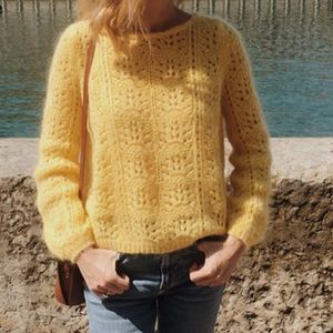 Francês Mohair mulheres oca out tricotada suéter solta lã pullover pull femme sweter manga longa loção frouxe lj201017