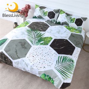 BLESSLIVING MARBLE BEDDING MODERN TERRAZZO DUVET COVER 3 stycken Tropiska Gröna Palm Leaves BedsPread Geometric Bed Set Wholesale 201021