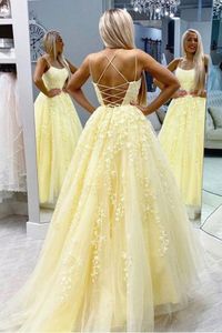 Beautiful Spaghetti Straps Bateau Scoop Collar A-line Leaves Applique Lace Daffodil Tulle Formal Prom Evening Gowns Masque Party Gown