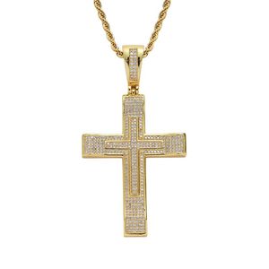 Guldpläterad BLING CZ Diamond Stone Cross Pendant med 24 tum repkedja för män kvinnor varm gåva gåva