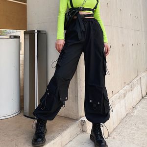 Wiosna Kobiety Streetwear Loose Cargo Spodnie Kobiety Sznurek Duże Kieszenie Spodnie Baggy High Waist Spodnie Hip Hop Capri Dno