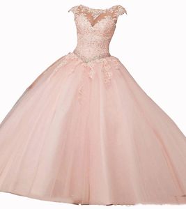 Gorgeous Quinceanera Dresses Blush Pink Bateau Neck Cap Sleeve Appliques Lace Sequins Beaded Ball Gown Sweet 16 Gowns