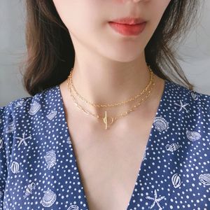 925 Sterling Silver Figaro Chain Doule Layer Link Chain Necklaces with OT Clasp Gold Choker Necklace for Women Summer Jewelry Q0531
