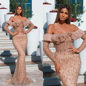 2020 Luxury Mermaid Evening Dresses Crystals Off Shoulder Ruffles Long Sleeve Prom Gowns Handmade Tassels Special Occasion Dress