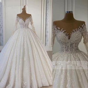 2022 Bling Luxury A Line Wedding Dresses Bridal Gowns Lace Jewel Neck Long Sleeves Illusion Crystal Beading Floor Length Vestidos De Novia Plus Size