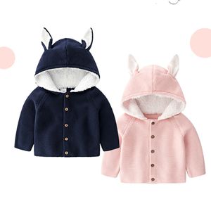 Garotas de inverno meninas camisola de algodão crianças tricotadas orelhas bonitos com capuz maciço crianças roupas roupá infantil bebê jaqueta bebê outerwear lj201007