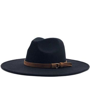 Women Men Big Wool Fedora Hat With Leather Ribbon Gentleman Elegant Lady Winter Autumn Wide Brim Jazz Panama Sombrero Cap