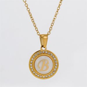 Gold Script 26 initial capital letters A to Z Alphabet charm pendant Stainless Steel personalized name round necklace with chain white crystal stones for lady women