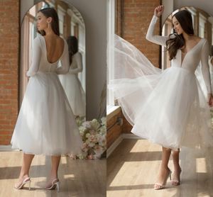 Arabisk Sleeve Open Back Wedding Dress Tulle A-Line Tea Längd Bröllop Klänning Robe de Marie 2022 Vestido Novia