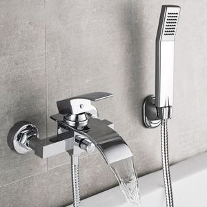 Küvet Duş Seti Duvara Monte Şelale Banyo Bataryası, Banyo Soğuk ve Sıcak Mikser Musluklar Pirinç Krom